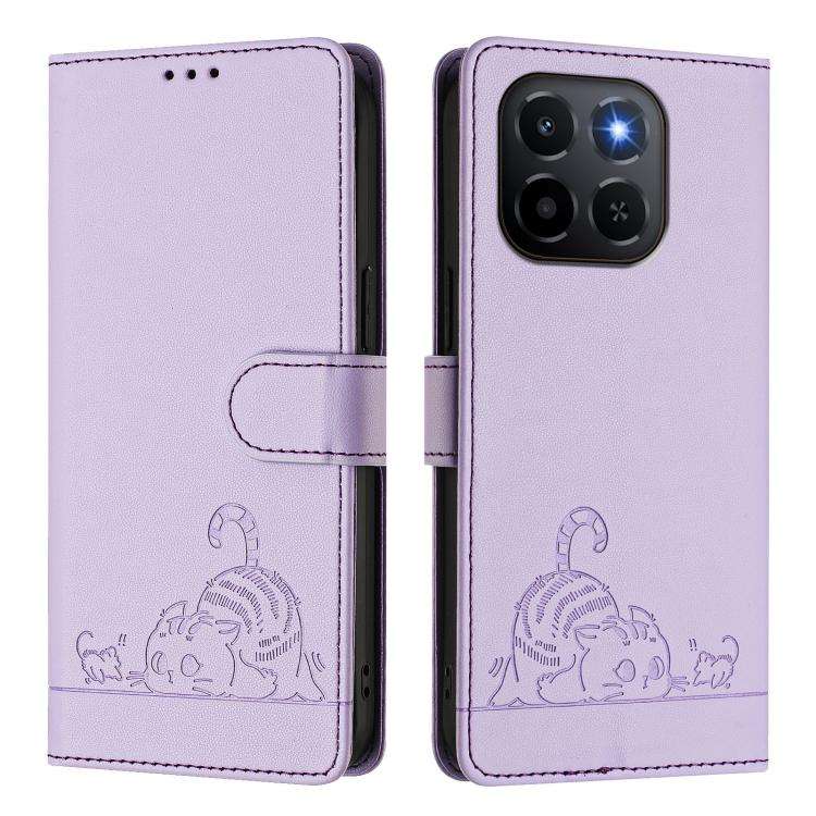 For Honor X6c 4G Cat Rat Embossed Pattern RFID Leather Phone Case with Lanyard(Purple)