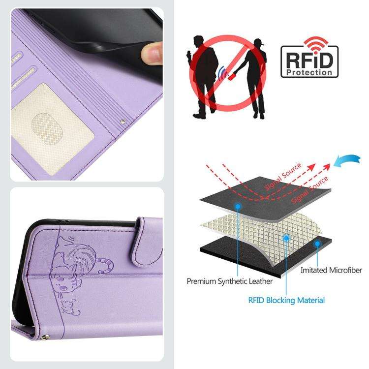 For Honor X6c 4G Cat Rat Embossed Pattern RFID Leather Phone Case with Lanyard(Purple)