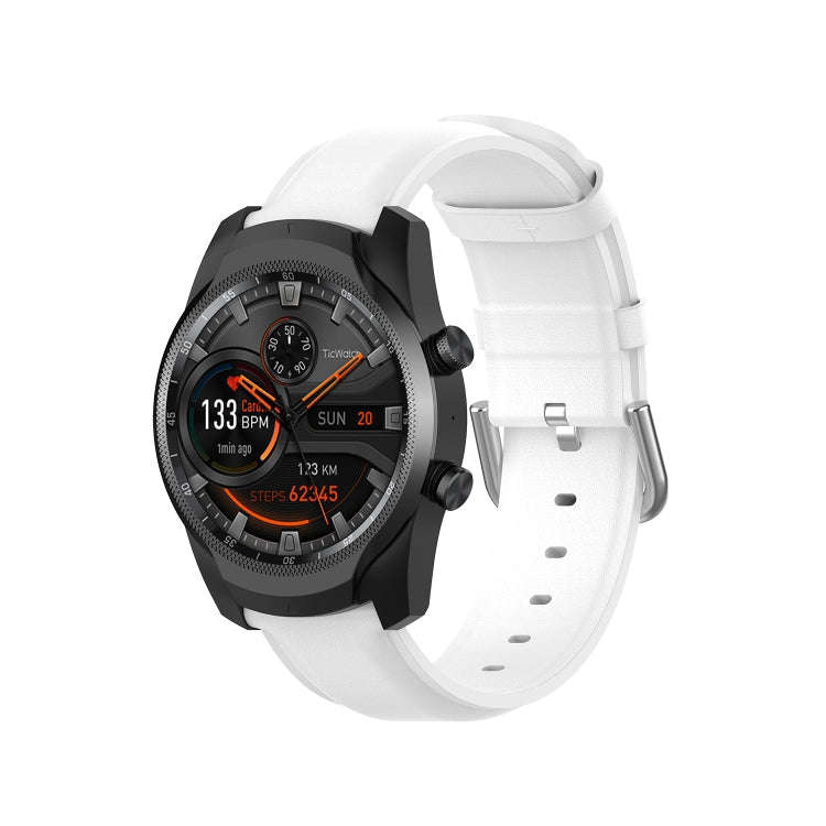 For Ticwatch Pro 2020 22mm Leather Watch Band with Round Tail Buckle(White)