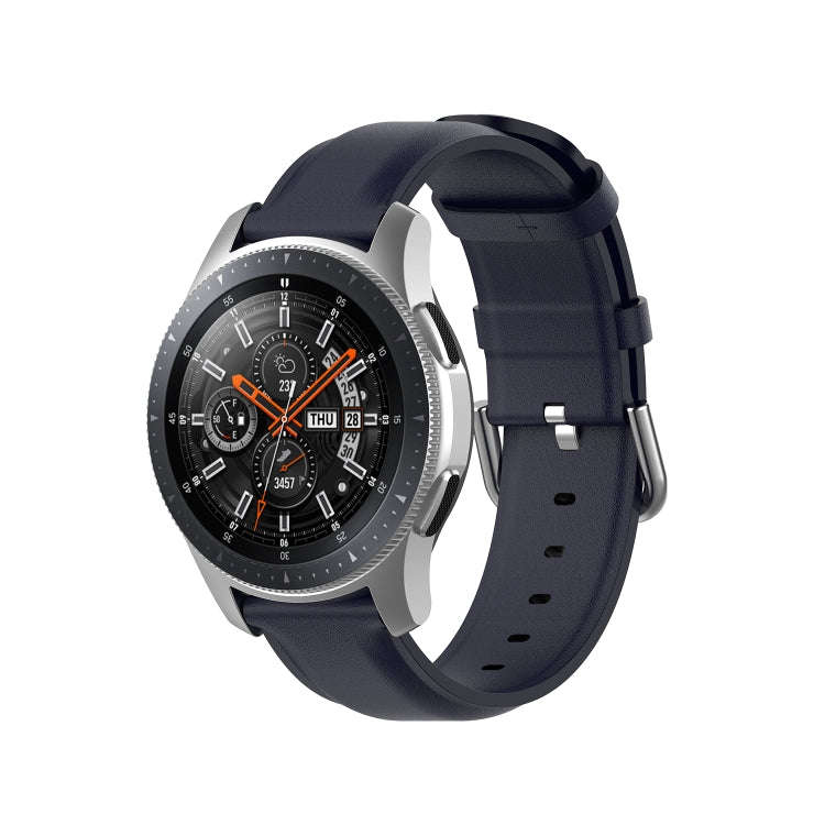 For Samsung Galaxy Watch 3 45mm 22mm Leather Strap with Round Tail Buckle(Navy Blue)