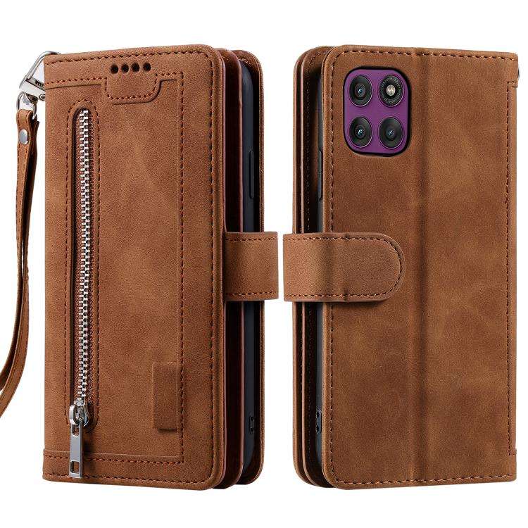 For Motorola Edge 60 Pro Nine Card Zipper Bag Leather Phone Case with Lanyard(Brown)
