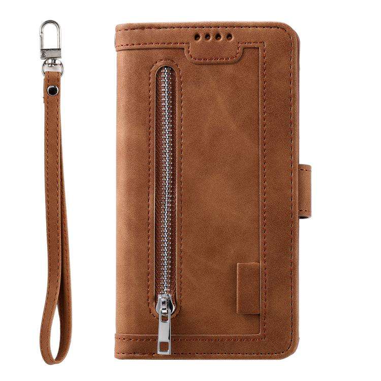 For Motorola Edge 60 Pro Nine Card Zipper Bag Leather Phone Case with Lanyard(Brown)