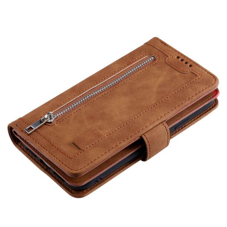 For Motorola Edge 60 Pro Nine Card Zipper Bag Leather Phone Case with Lanyard(Brown)