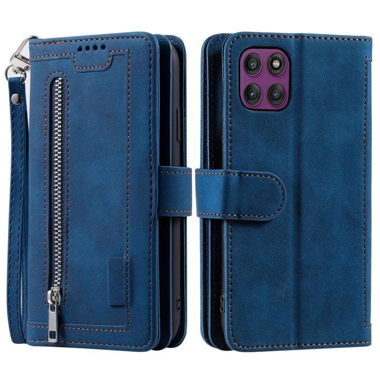 For Motorola Edge 60 Pro Nine Card Zipper Bag Leather Phone Case with Lanyard(Blue)