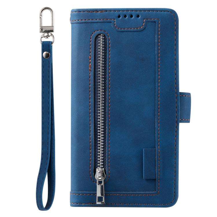 For Motorola Edge 60 Pro Nine Card Zipper Bag Leather Phone Case with Lanyard(Blue)