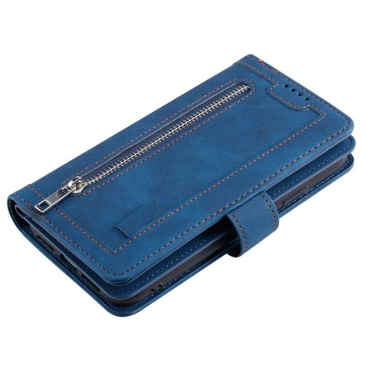 For Motorola Edge 60 Pro Nine Card Zipper Bag Leather Phone Case with Lanyard(Blue)