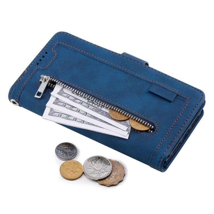 For Motorola Edge 60 Pro Nine Card Zipper Bag Leather Phone Case with Lanyard(Blue)