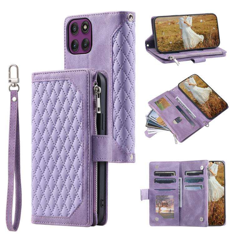 For Motorola Edge 60 Pro Grid Texture Zipper Leather Phone Case with Lanyard(Purple)