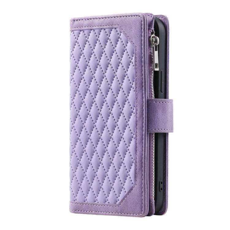 For Motorola Edge 60 Pro Grid Texture Zipper Leather Phone Case with Lanyard(Purple)