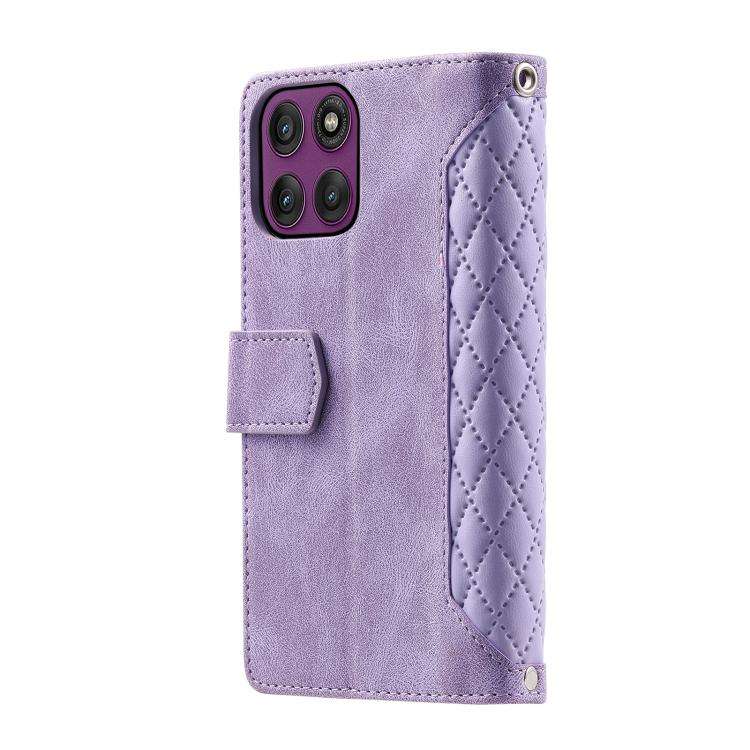 For Motorola Edge 60 Pro Grid Texture Zipper Leather Phone Case with Lanyard(Purple)