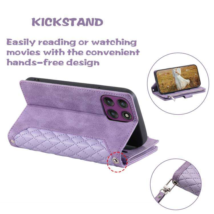 For Motorola Edge 60 Pro Grid Texture Zipper Leather Phone Case with Lanyard(Purple)