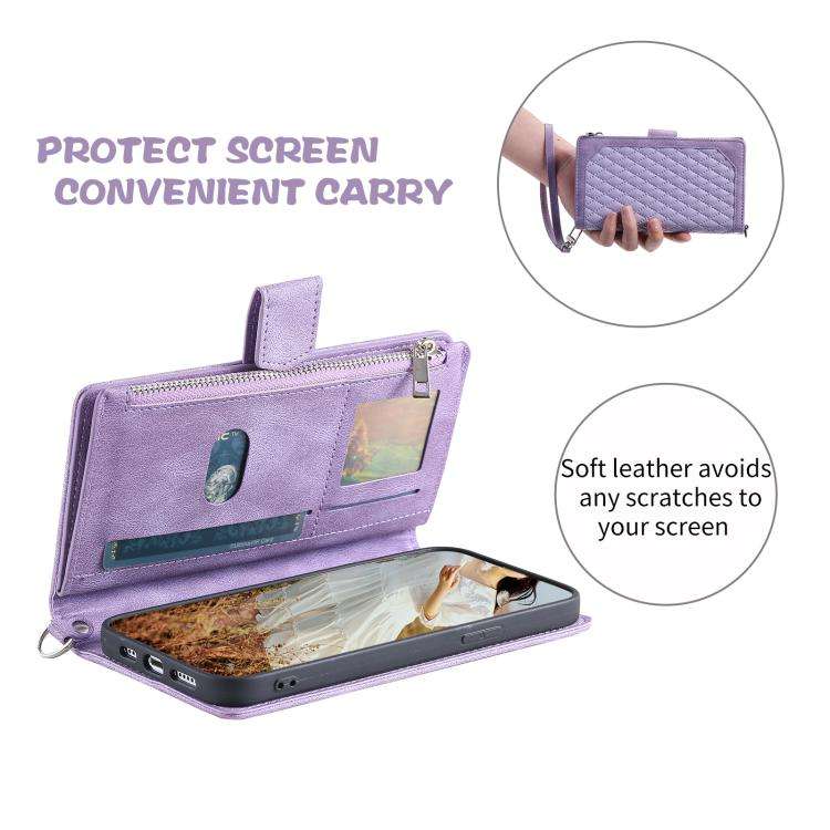 For Motorola Edge 60 Pro Grid Texture Zipper Leather Phone Case with Lanyard(Purple)