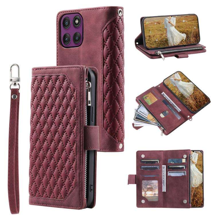 For Motorola Edge 60 Pro Grid Texture Zipper Leather Phone Case with Lanyard(Wine Red)