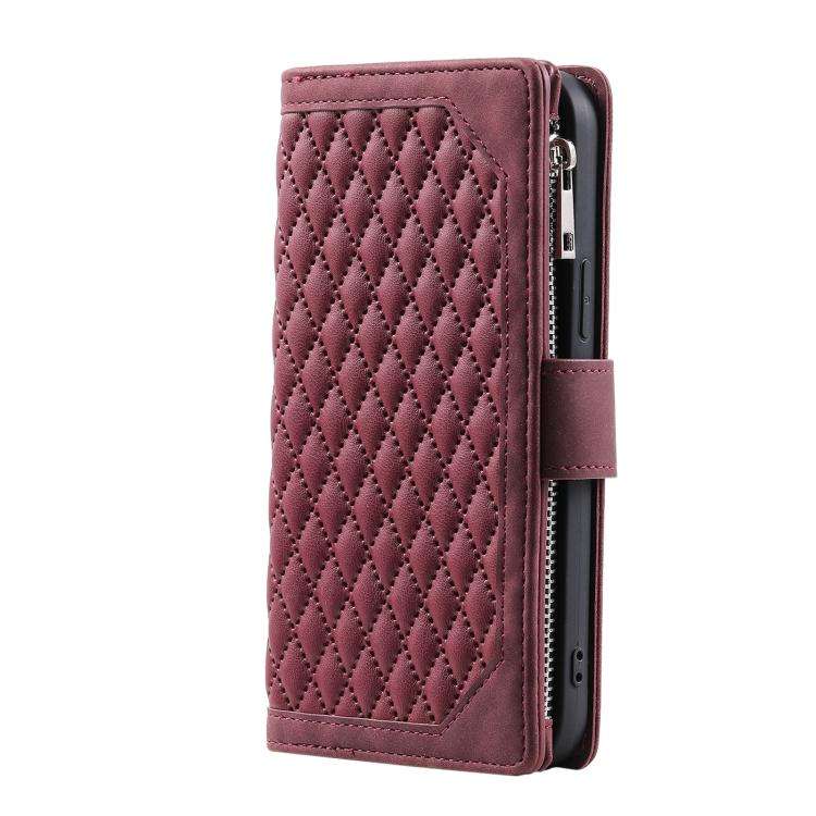For Motorola Edge 60 Pro Grid Texture Zipper Leather Phone Case with Lanyard(Wine Red)