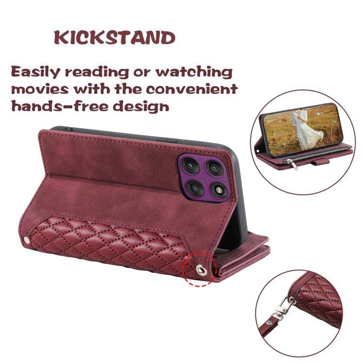 For Motorola Edge 60 Pro Grid Texture Zipper Leather Phone Case with Lanyard(Wine Red)