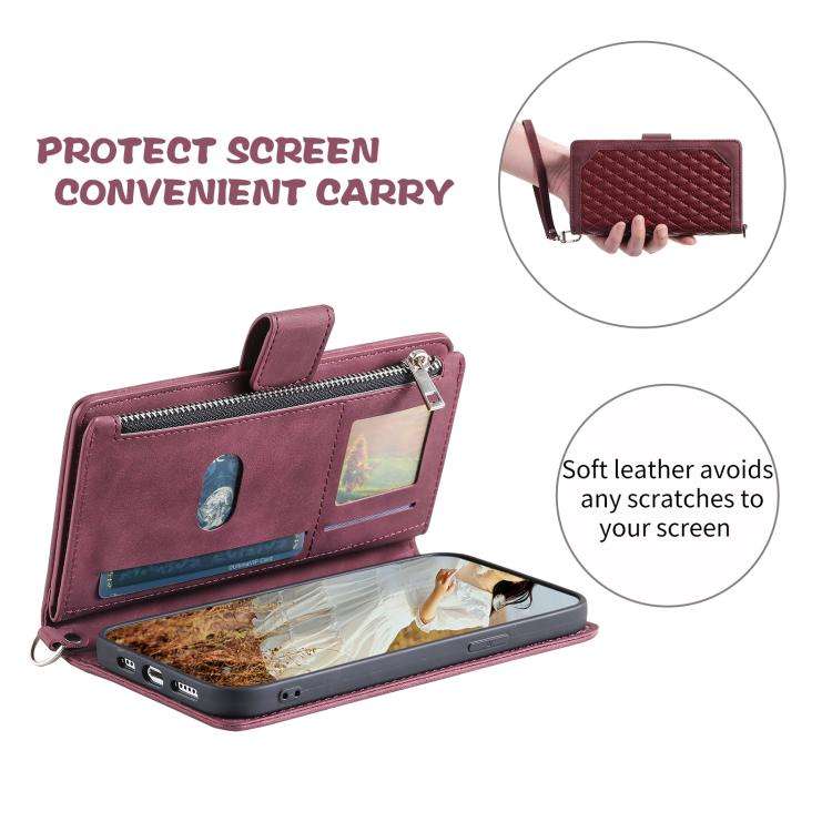 For Motorola Edge 60 Pro Grid Texture Zipper Leather Phone Case with Lanyard(Wine Red)