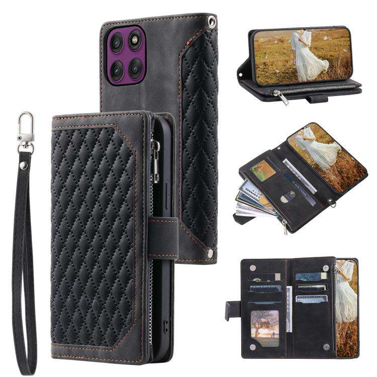 For Motorola Edge 60 Pro Grid Texture Zipper Leather Phone Case with Lanyard(Black)
