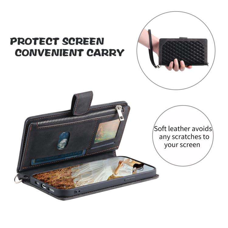 For Motorola Edge 60 Pro Grid Texture Zipper Leather Phone Case with Lanyard(Black)
