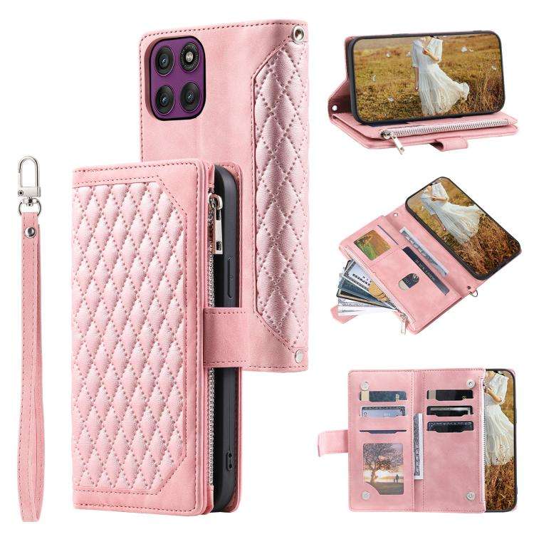 For Motorola Edge 60 Pro Grid Texture Zipper Leather Phone Case with Lanyard(Rose Gold)