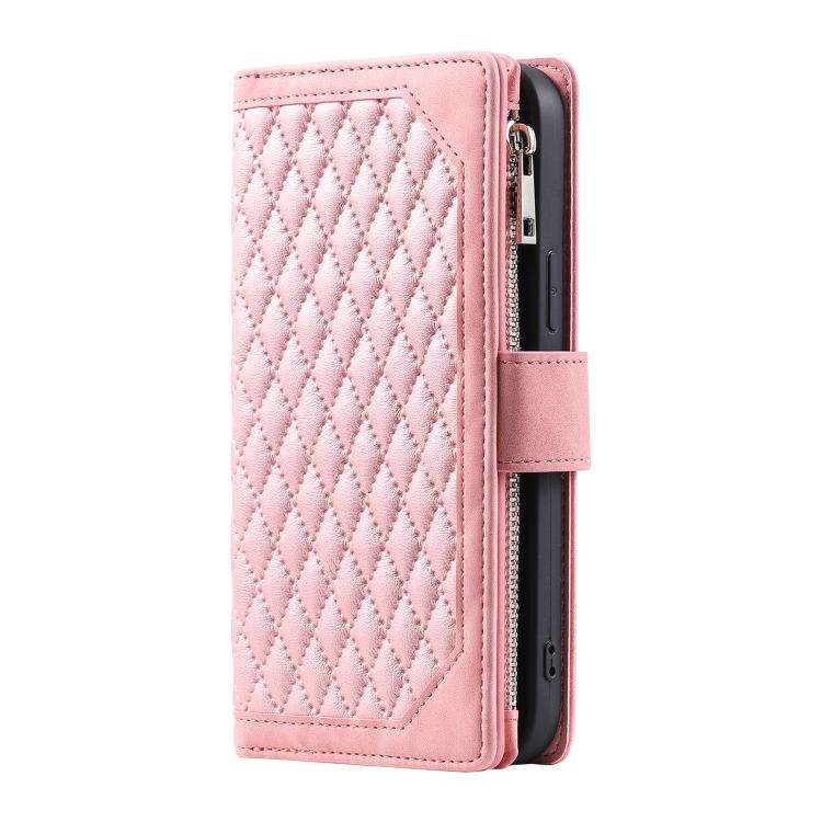 For Motorola Edge 60 Pro Grid Texture Zipper Leather Phone Case with Lanyard(Rose Gold)