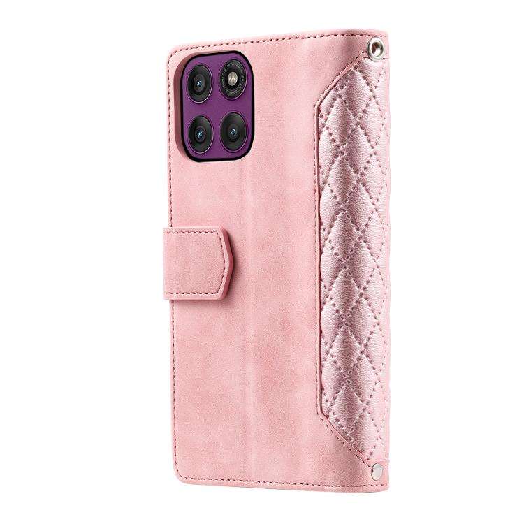 For Motorola Edge 60 Pro Grid Texture Zipper Leather Phone Case with Lanyard(Rose Gold)
