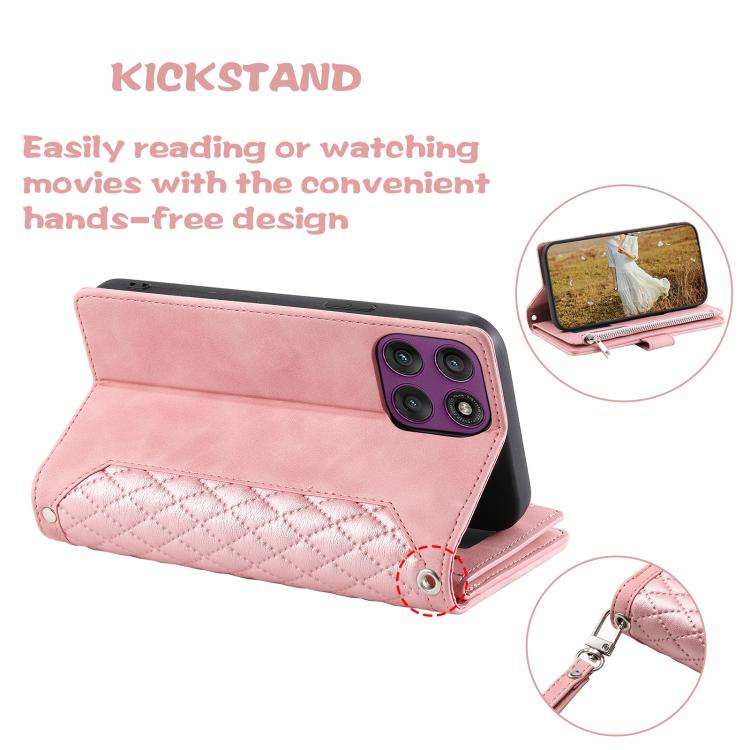 For Motorola Edge 60 Pro Grid Texture Zipper Leather Phone Case with Lanyard(Rose Gold)