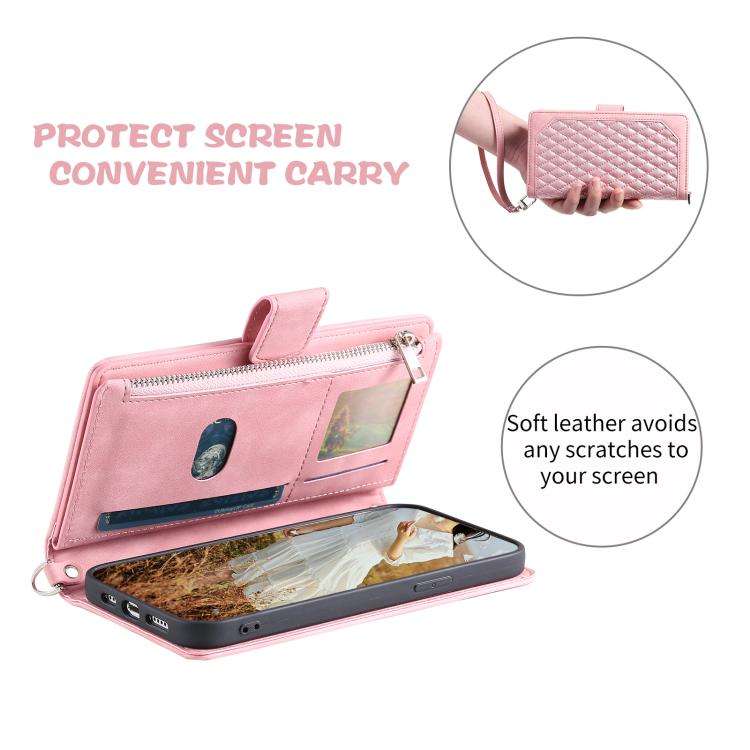 For Motorola Edge 60 Pro Grid Texture Zipper Leather Phone Case with Lanyard(Rose Gold)