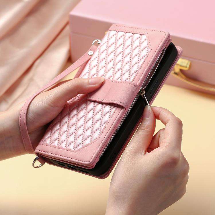 For Motorola Edge 60 Pro Grid Texture Zipper Leather Phone Case with Lanyard(Rose Gold)