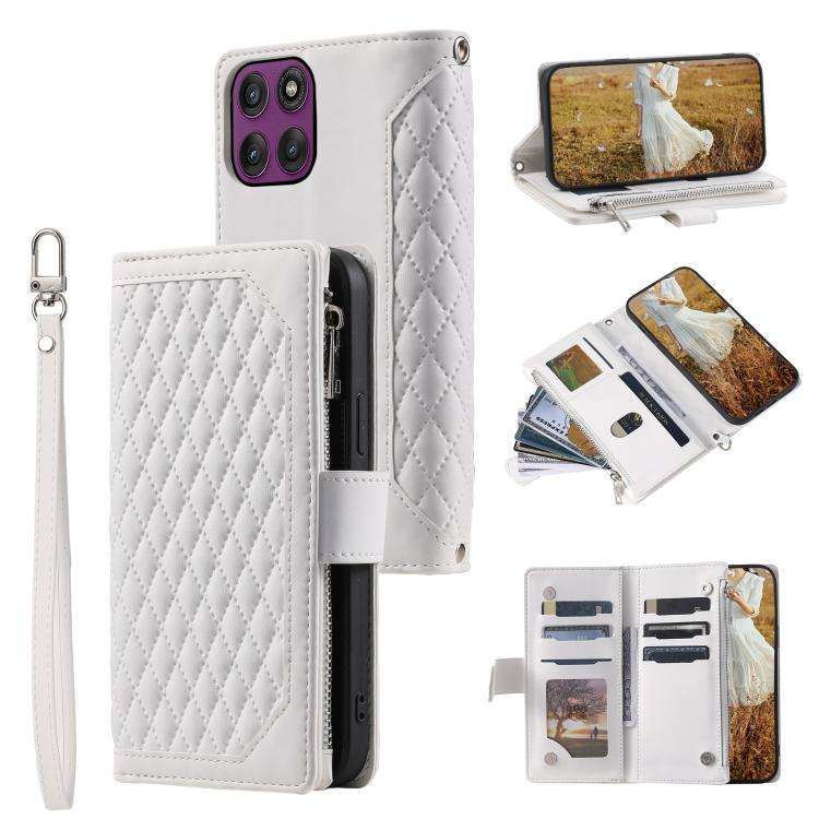 For Motorola Edge 60 Pro Grid Texture Zipper Leather Phone Case with Lanyard(White)