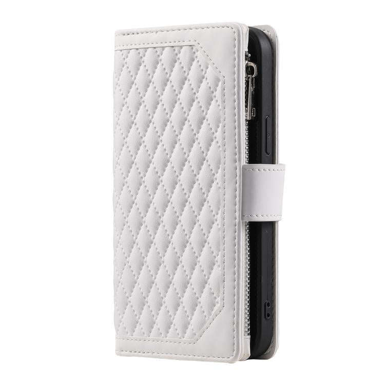 For Motorola Edge 60 Pro Grid Texture Zipper Leather Phone Case with Lanyard(White)