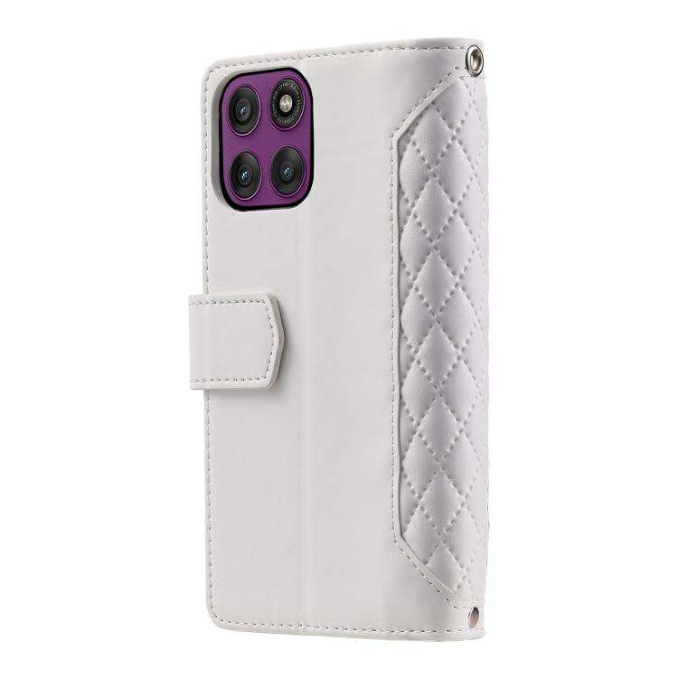 For Motorola Edge 60 Pro Grid Texture Zipper Leather Phone Case with Lanyard(White)