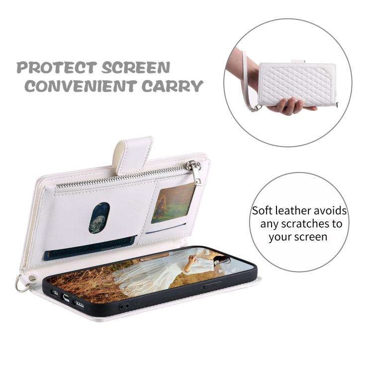 For Motorola Edge 60 Pro Grid Texture Zipper Leather Phone Case with Lanyard(White)
