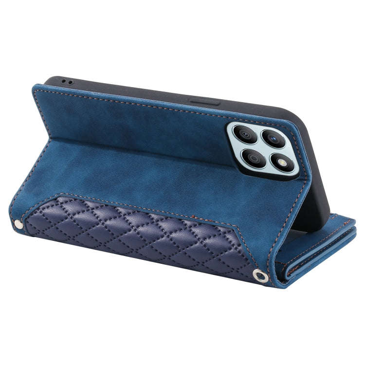 For Honor X6b 4G Global Grid Texture Zipper Leather Phone Case with Lanyard(Blue)