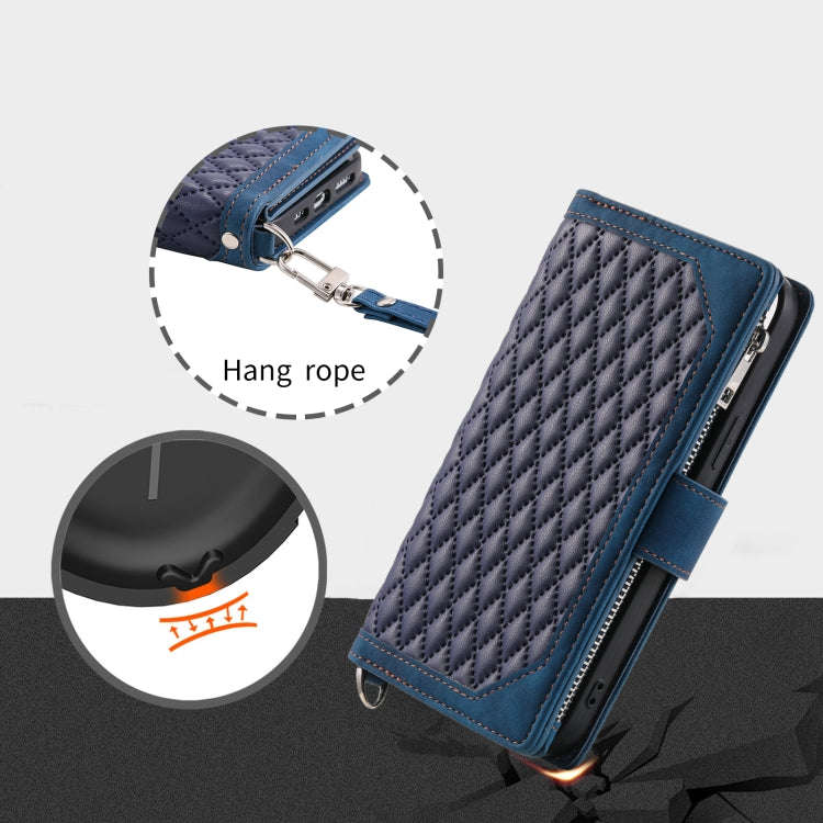 For Honor X6b 4G Global Grid Texture Zipper Leather Phone Case with Lanyard(Blue)