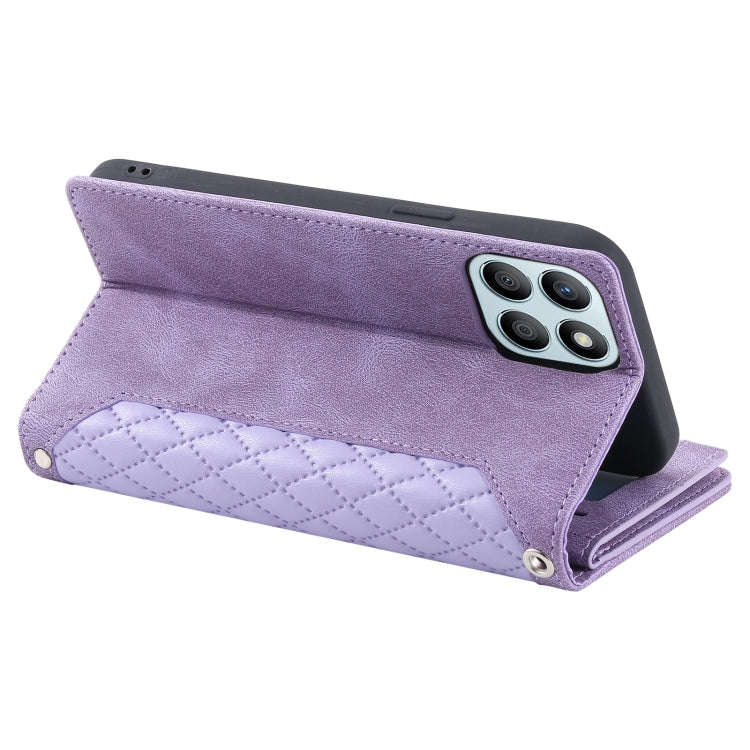 For Honor X6b 4G Global Grid Texture Zipper Leather Phone Case with Lanyard(Purple)