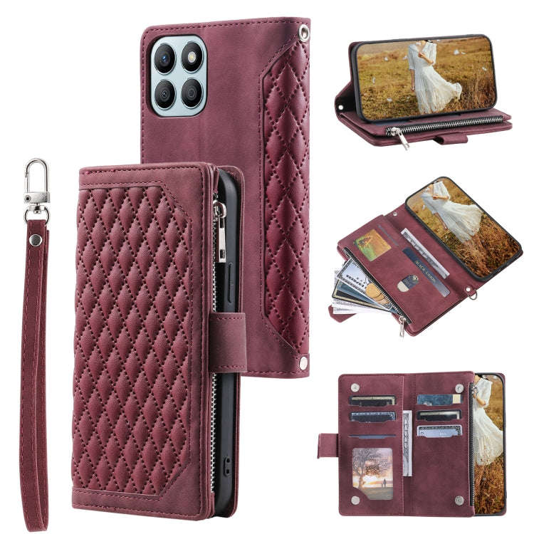 For Honor X6b 4G Global Grid Texture Zipper Leather Phone Case with Lanyard(Wine Red)