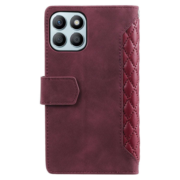 For Honor X6b 4G Global Grid Texture Zipper Leather Phone Case with Lanyard(Wine Red)