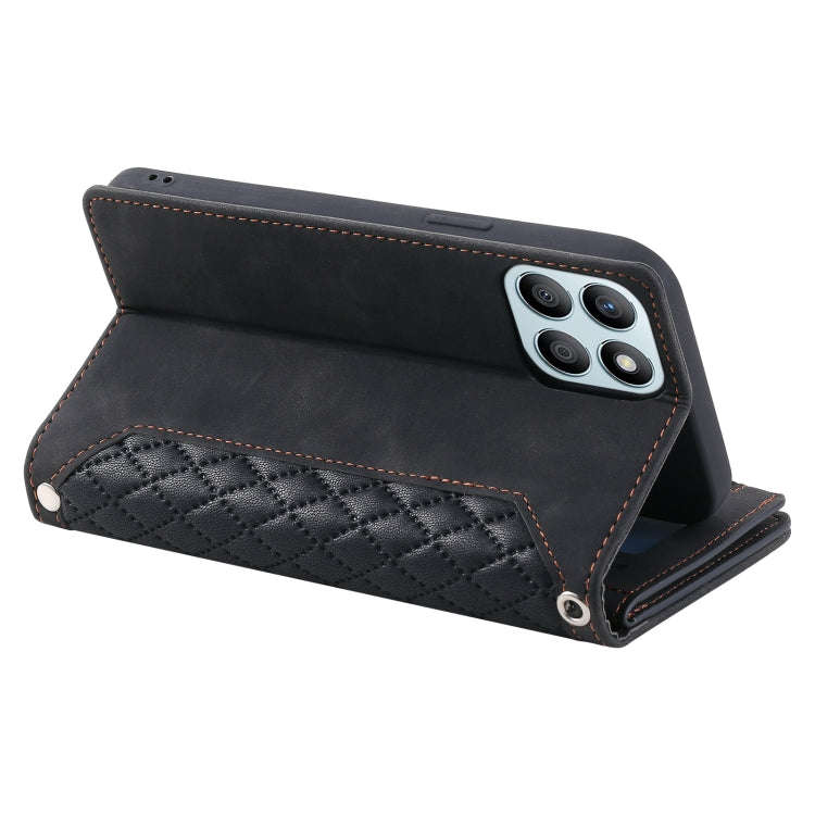 For Honor X6b 4G Global Grid Texture Zipper Leather Phone Case with Lanyard(Black)