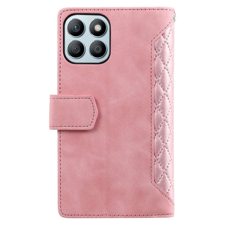 For Honor X6b 4G Global Grid Texture Zipper Leather Phone Case with Lanyard(Rose Gold)