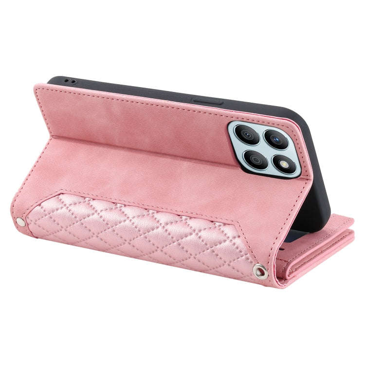 For Honor X6b 4G Global Grid Texture Zipper Leather Phone Case with Lanyard(Rose Gold)