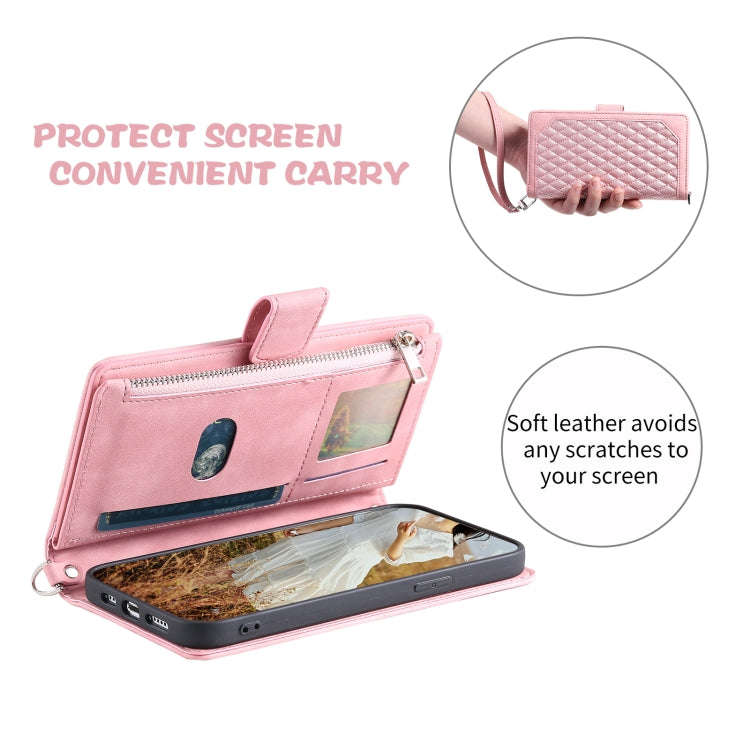 For Honor X6b 4G Global Grid Texture Zipper Leather Phone Case with Lanyard(Rose Gold)