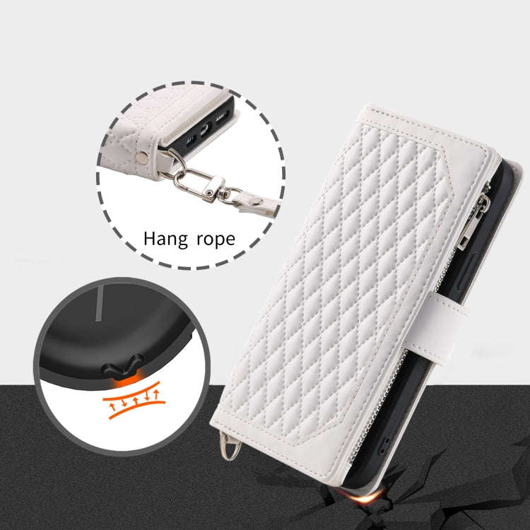 For Honor X6b 4G Global Grid Texture Zipper Leather Phone Case with Lanyard(White)