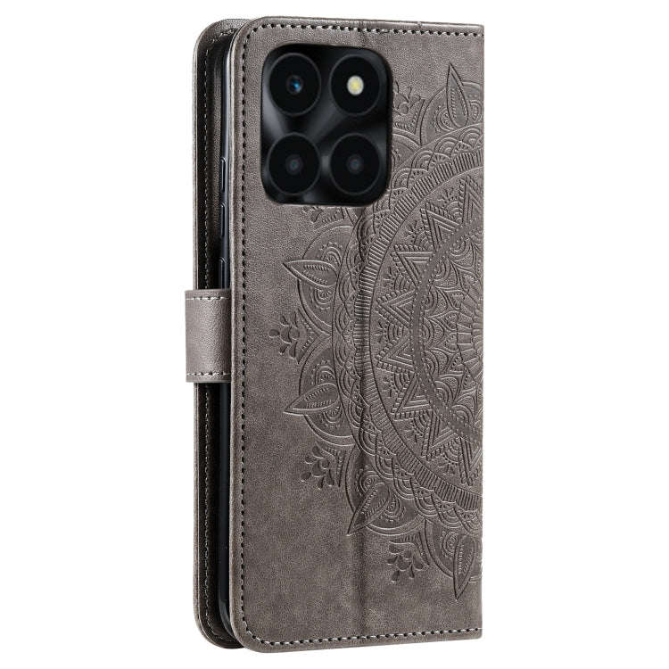 For Honor X6b 4G Global Totem Flower Embossed Leather Phone Case with Lanyard(Grey)