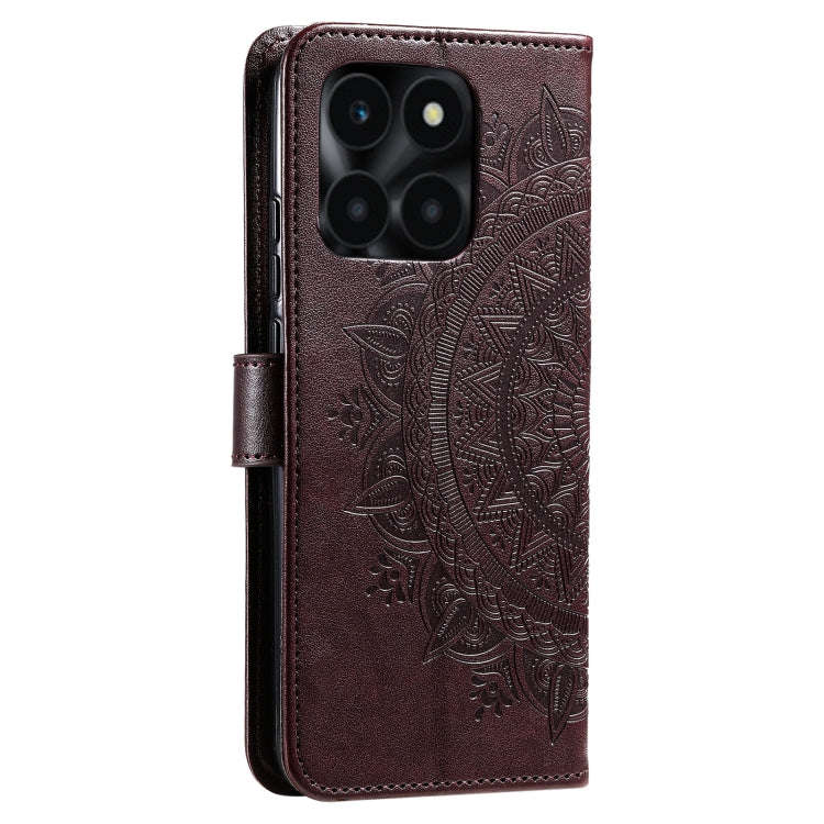 For Honor X6b 4G Global Totem Flower Embossed Leather Phone Case with Lanyard(Brown)