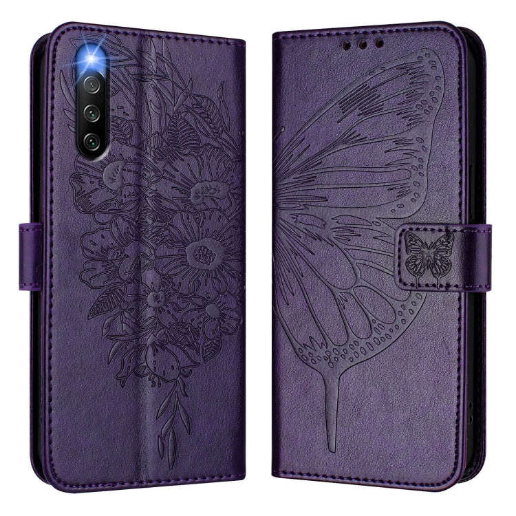 For Sony Xperia 10 IV Embossed Butterfly Leather Phone Case(Dark Purple)