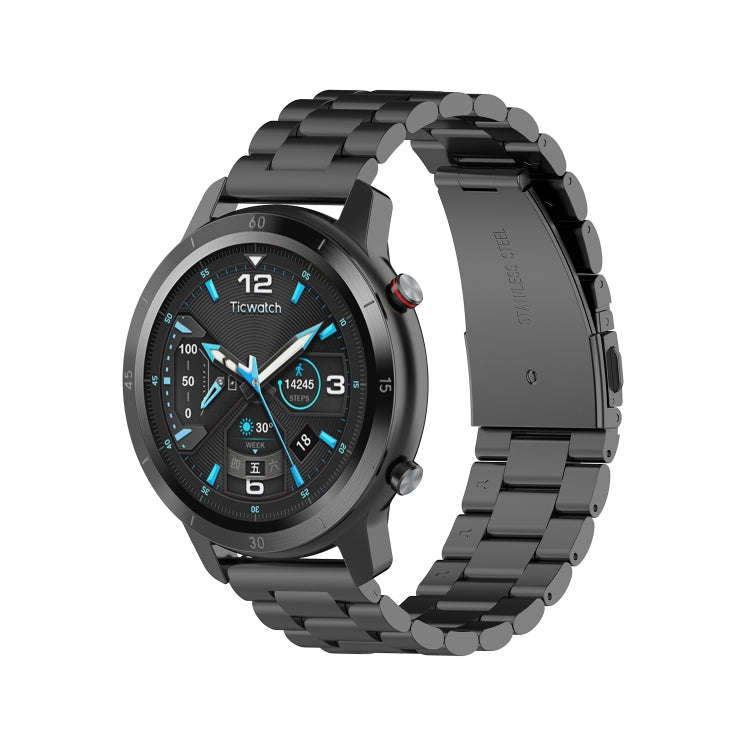 For Ticwatch GTX 22mm Three Buckle Stainless Steel Watch Band(Black)