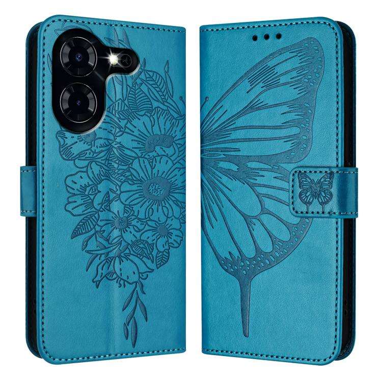 For Tecno Pova 5 4G Embossed Butterfly Leather Phone Case(Blue)