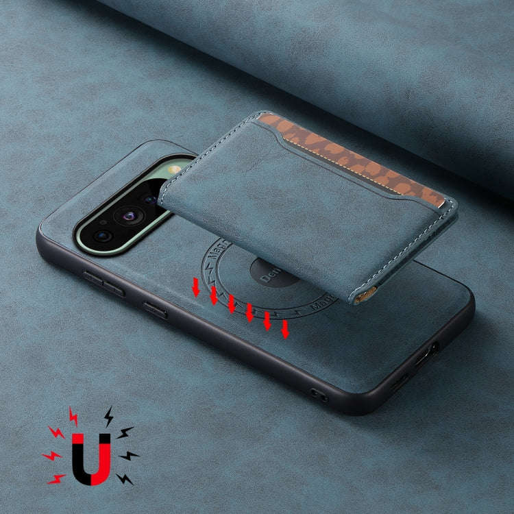 For Google Pixel 9 Denior D13 Retro Texture Leather MagSafe Card Bag Phone Case(Blue)