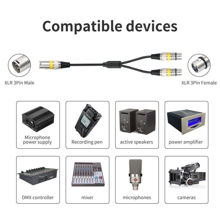 2055YMFF-05 XLR 3pin Male to Dual Female Audio Cable, Length: 50cm(Black+Green)