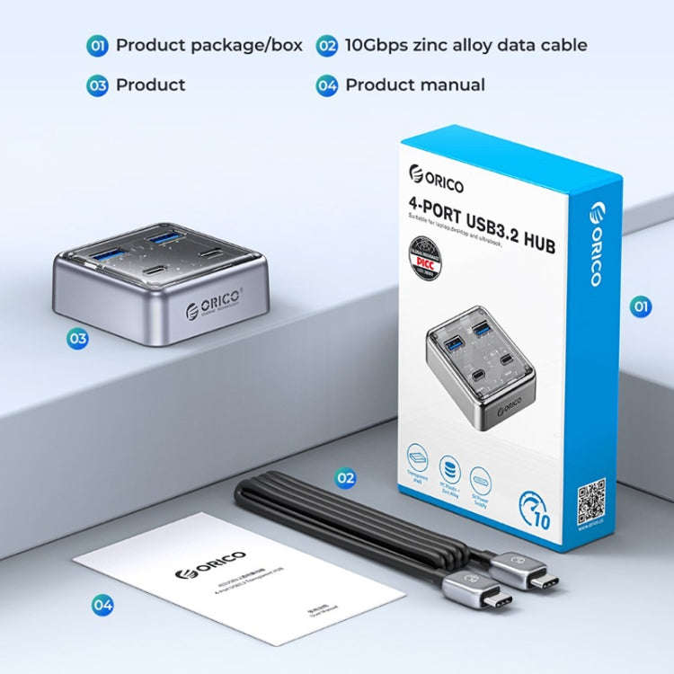 ORICO XHJ2U2C-G2 4-Port Compact Zinc Alloy USB 3.0 HUB Expand Converter(Silver)